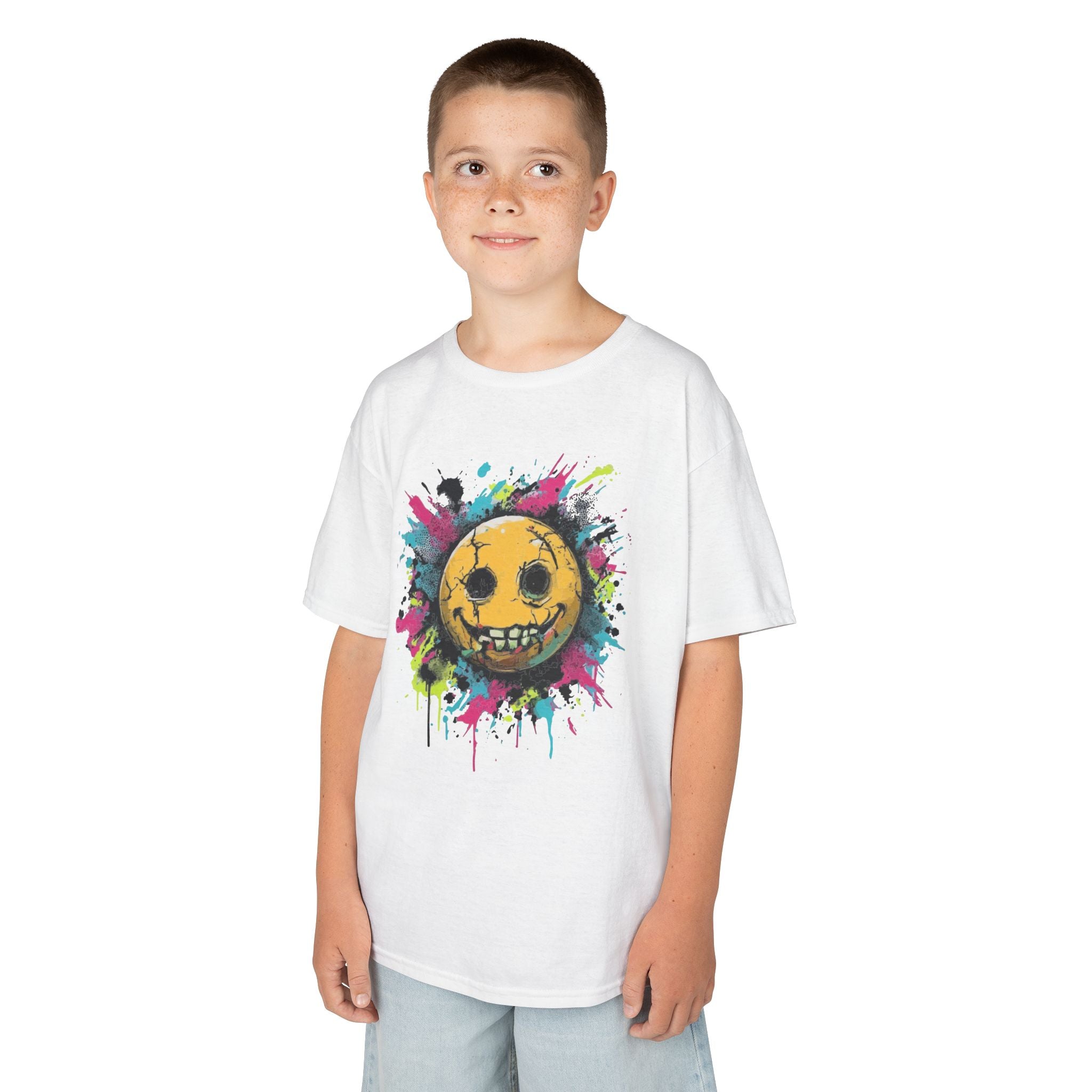 Kids T-Shirt — Colorful Grunge Smiley Face Tee (Splatter Paint Skull Smile)