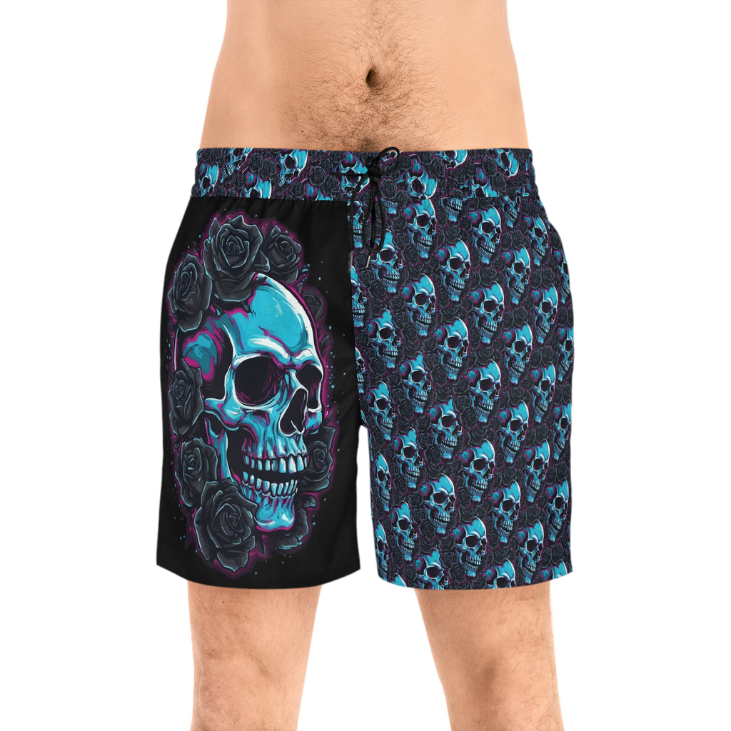 Men's Skull Rose Swim Shorts — Blue Neon Skull All-Over Print Mid-Length Trunks