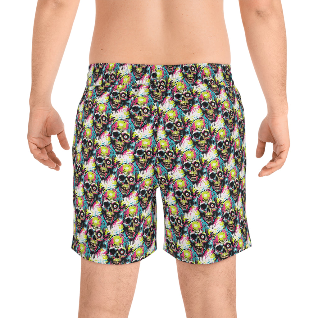 Neon Skull Swim Shorts — Men's Vibrant Skull Pattern Mid-Length Boardshorts