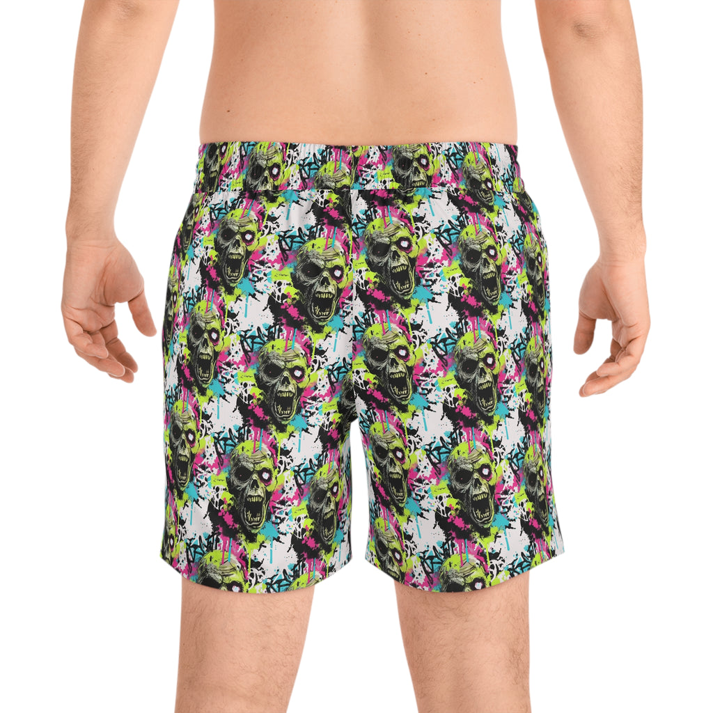 Neon Graffiti Zombie Swim Shorts — Men's Mid-Length Skull Beach Trunks