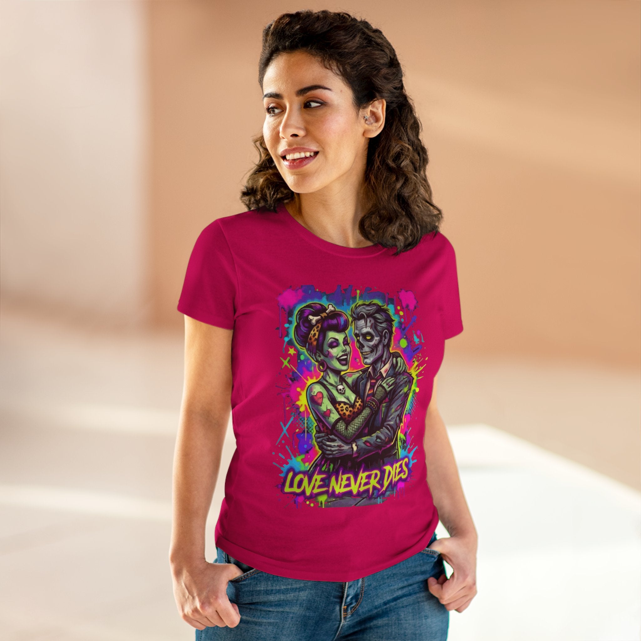 Women's Tee — Neon Zombie Couple "Love Never Dies" Graphic