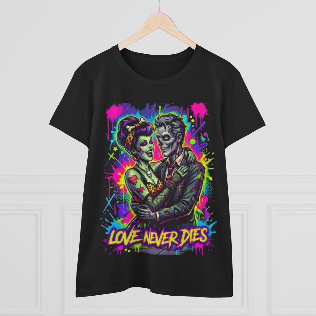 Women's Tee — Neon Zombie Couple "Love Never Dies" Graphic