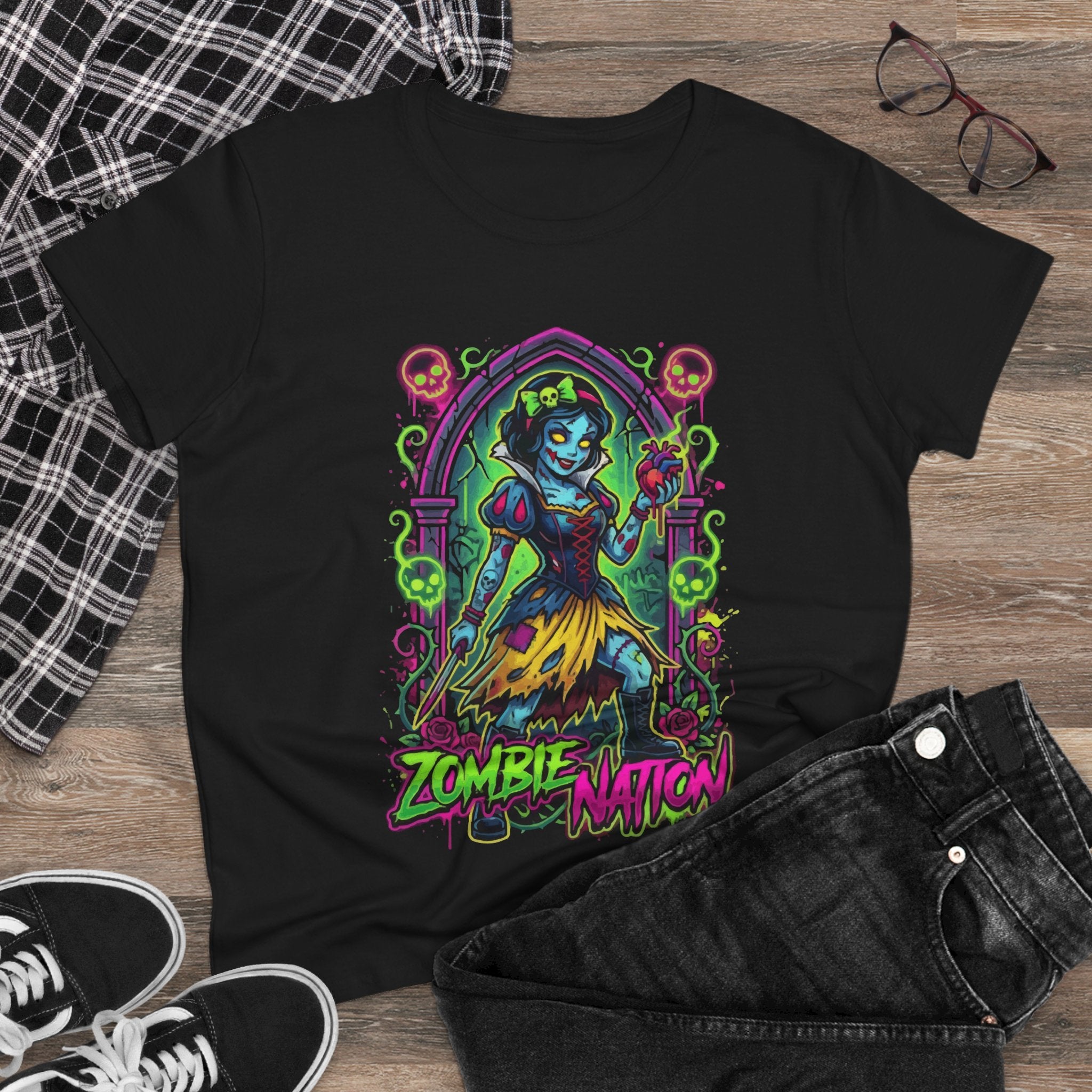 Zombie Nation Women's Tee – Neon Retro Zombie Girl Graphic Shirt