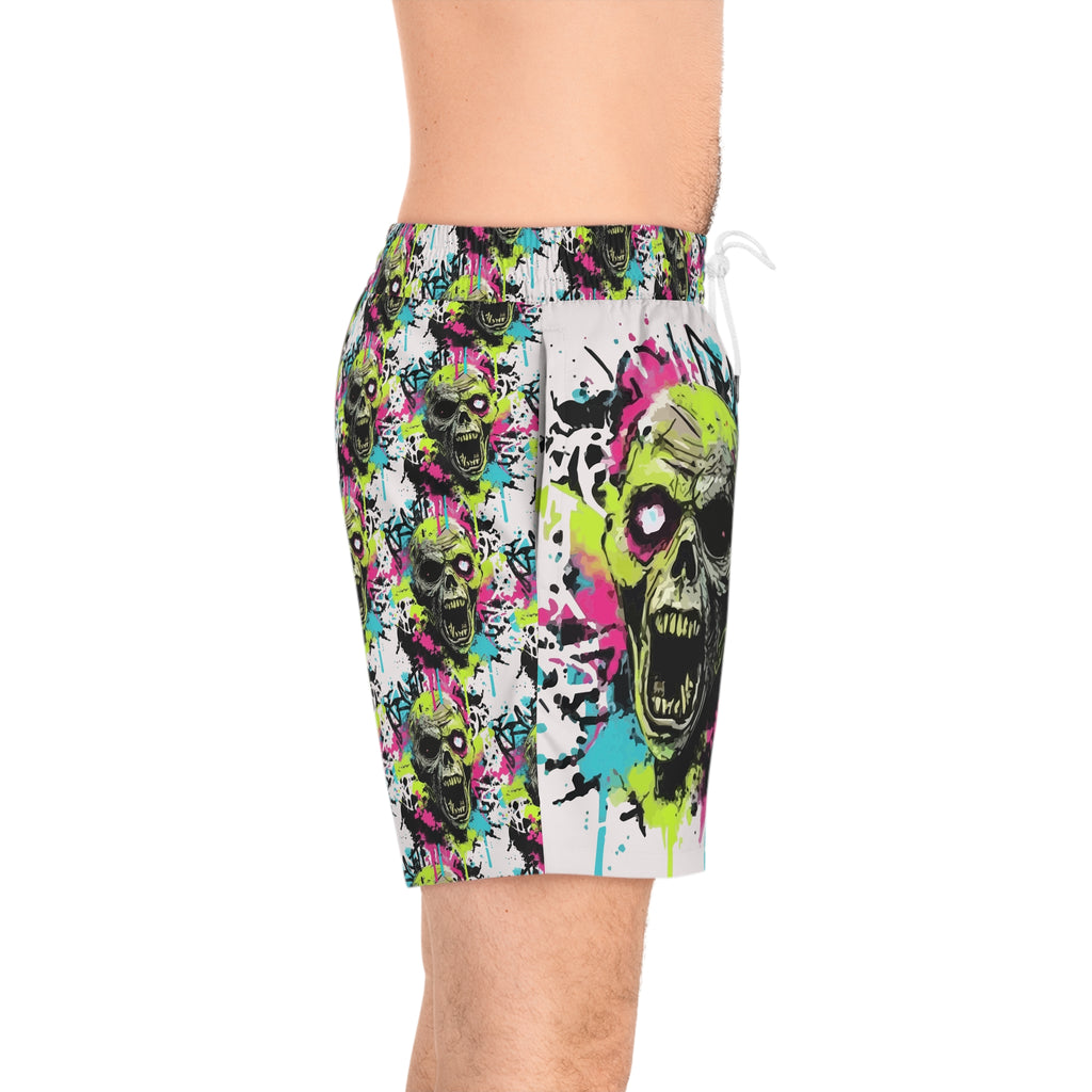 Neon Graffiti Zombie Swim Shorts — Men's Mid-Length Skull Beach Trunks