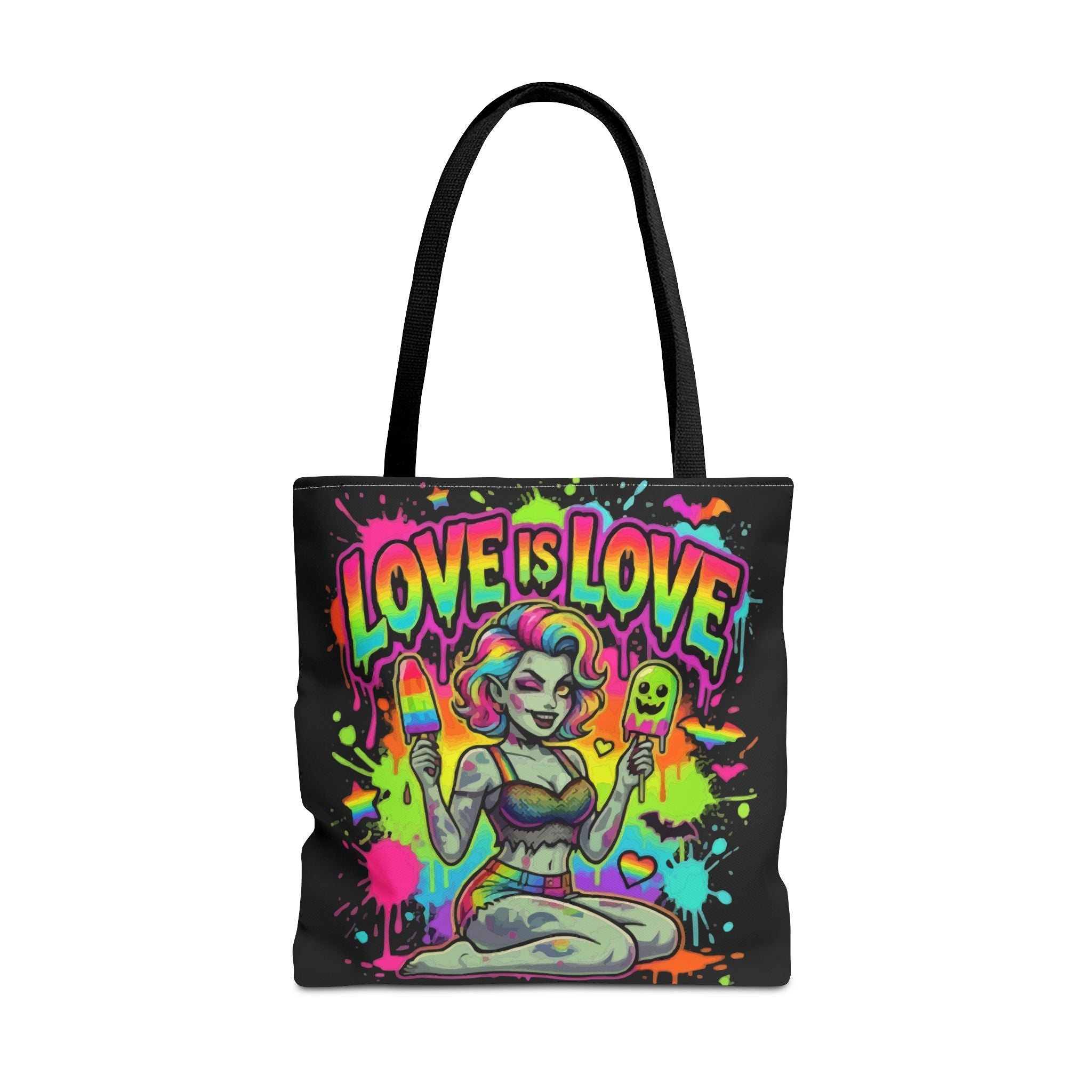 Love Is Love Neon Pride Tote Bag — Colorful Retro Pin-Up LGBTQ+ Canvas Tote