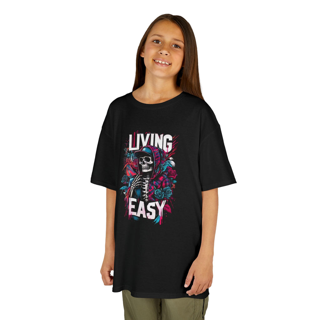 Kids T‑Shirt — 'Living Easy' Skeleton Graphic Tee for Kids, Cool Skull Floral Design