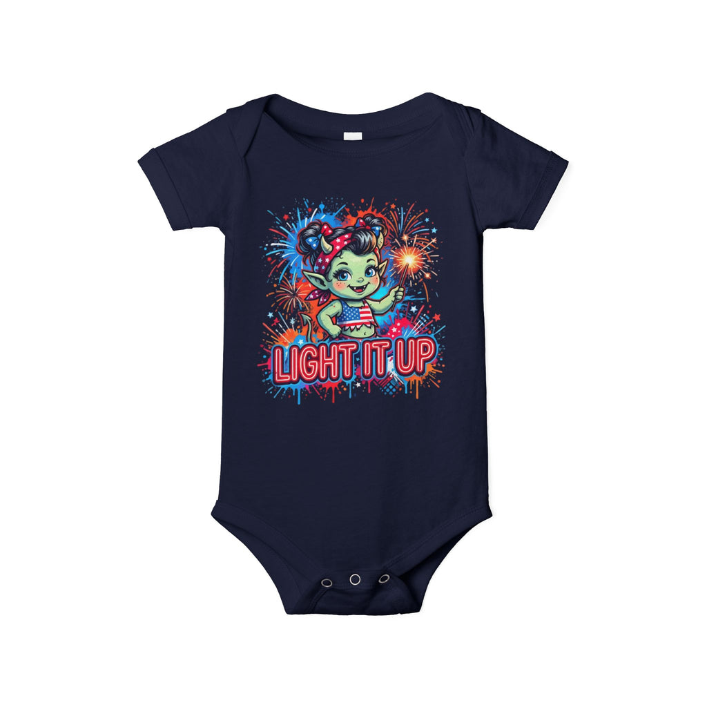 Baby Onesie "Light It Up" Patriotic Firework Elf Graphic Infant Bodysuit