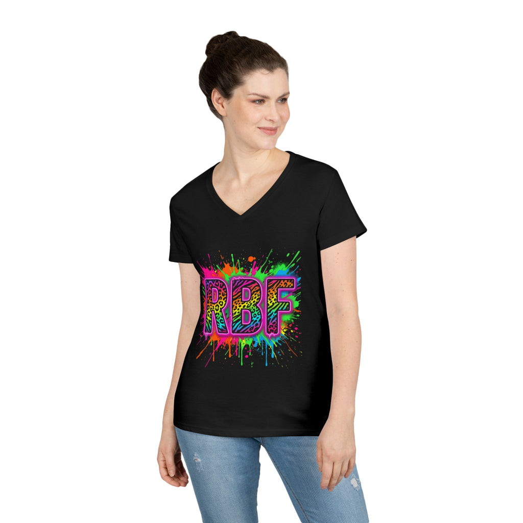 RBF Neon Splash V-Neck Tee — Bold Rainbow Graphic for Women