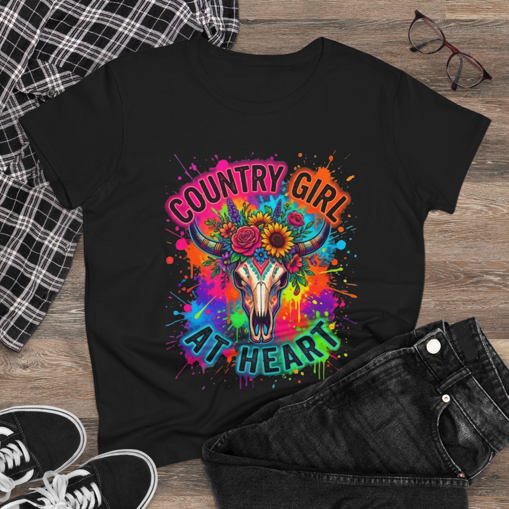 Country Girl At Heart Tee — Colorful Floral Cow Skull Women's T‑Shirt