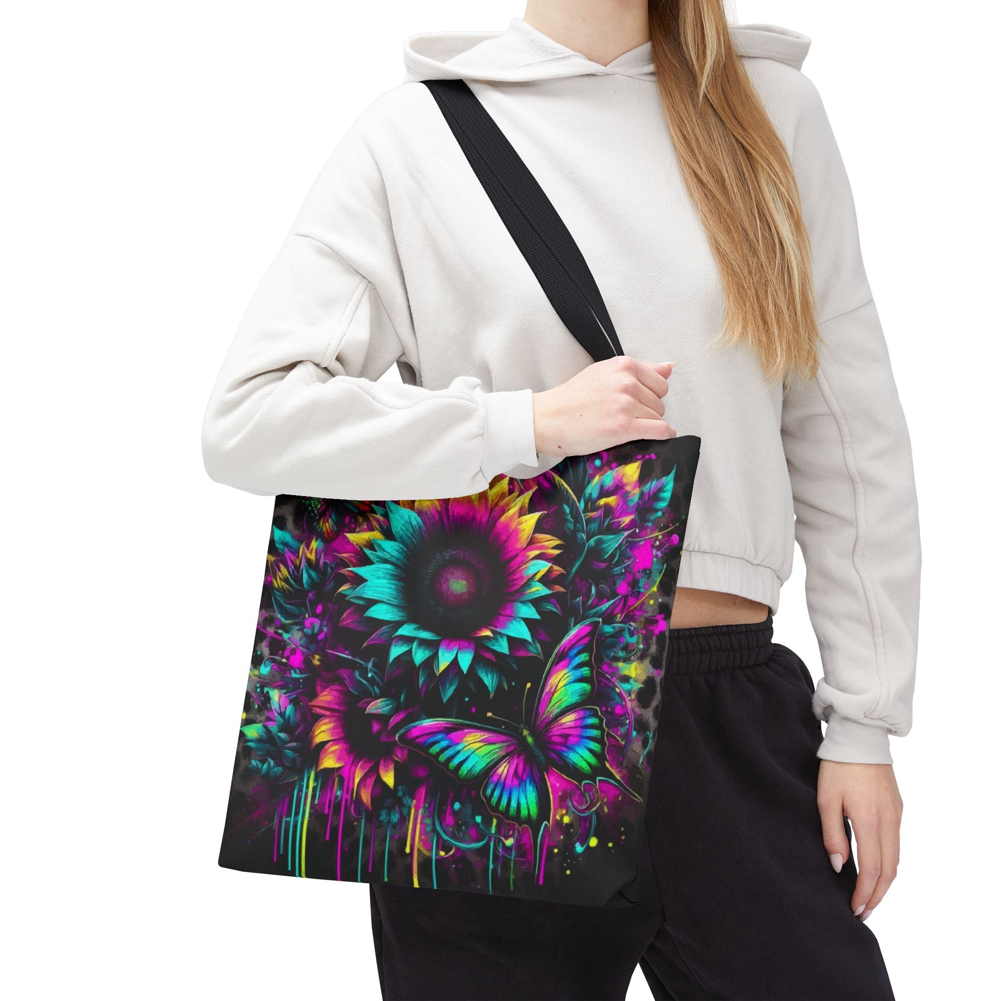 Sunflower & Butterfly Neon Tote Bag — Colorful Floral All-Over Print Tote