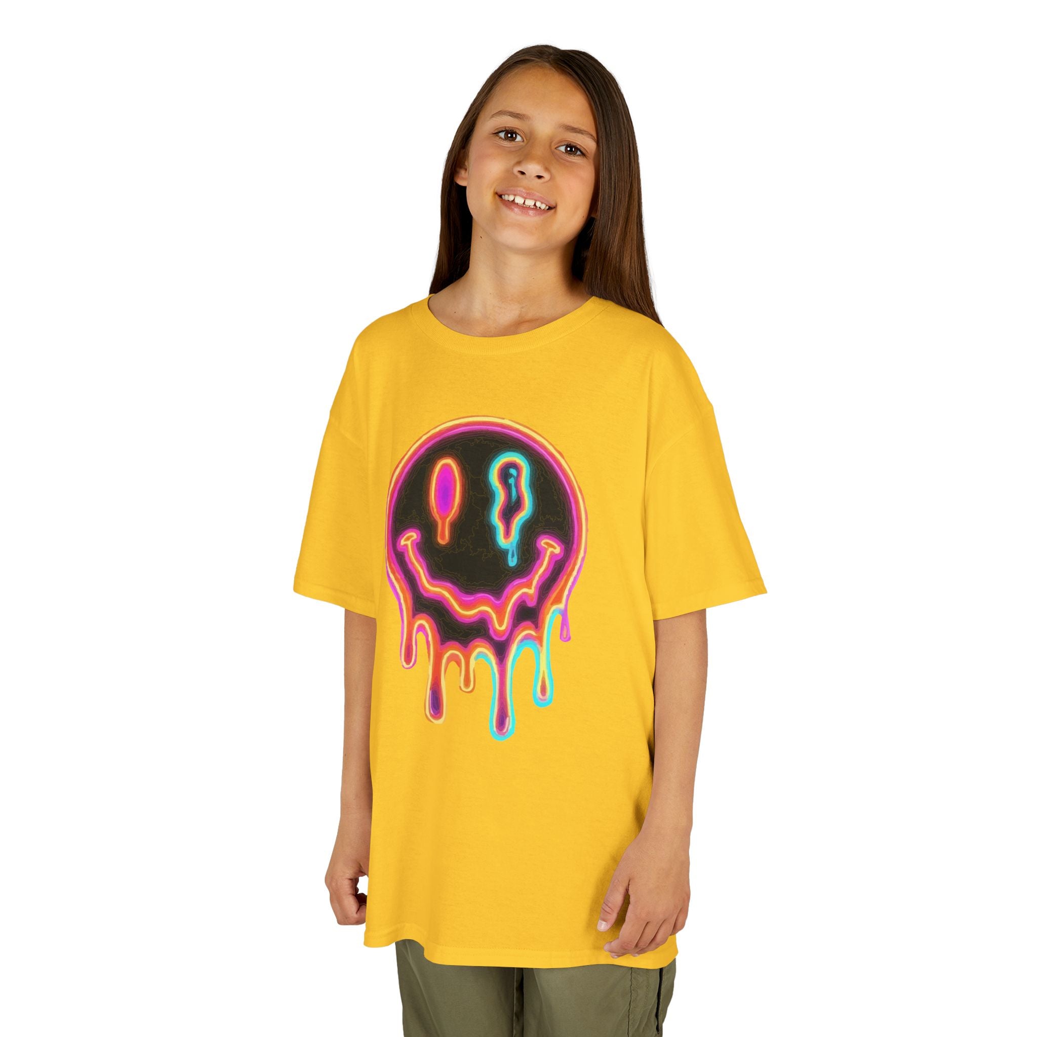 Kids Neon Drip Smiley T-Shirt — Colorful Melting Emoji Tee for Boys & Girls