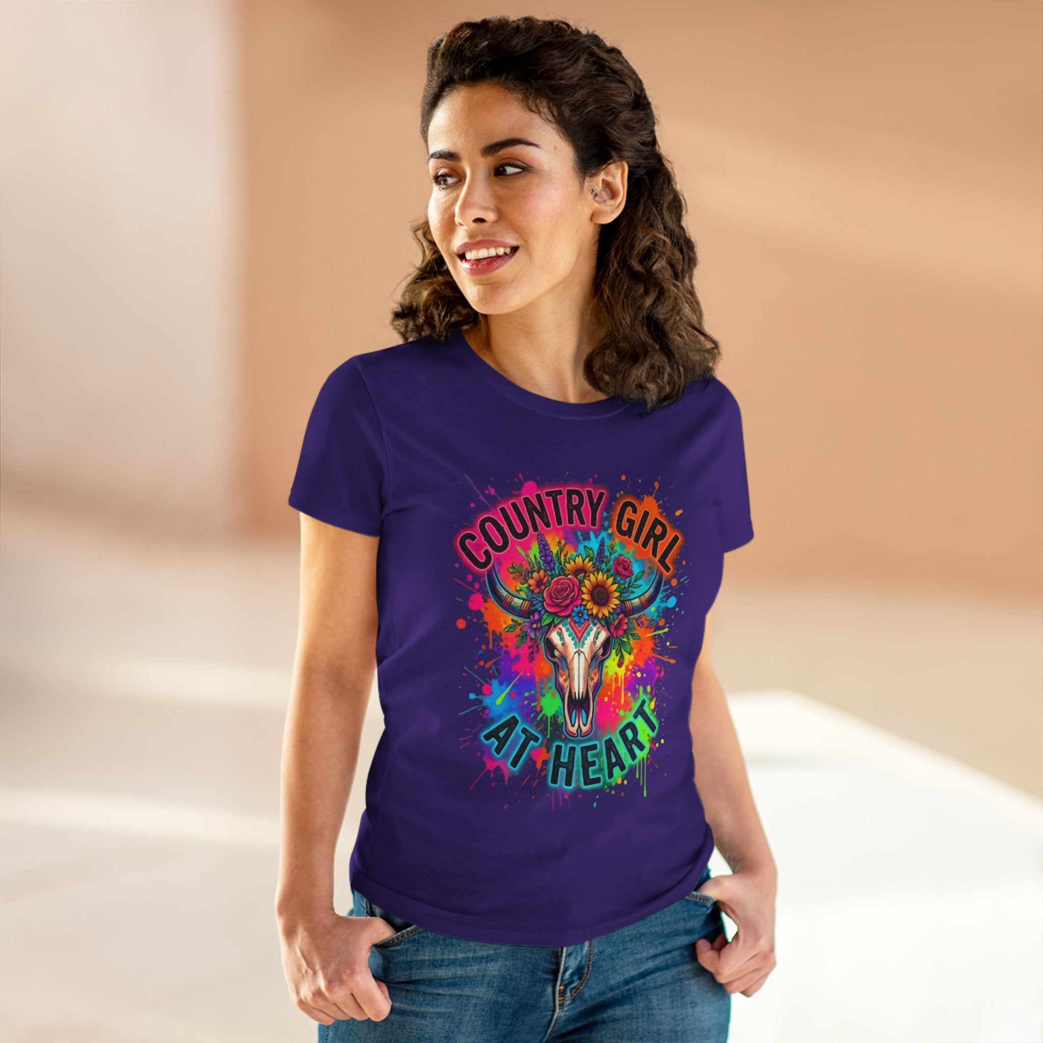Country Girl At Heart Tee — Colorful Floral Cow Skull Women's T‑Shirt
