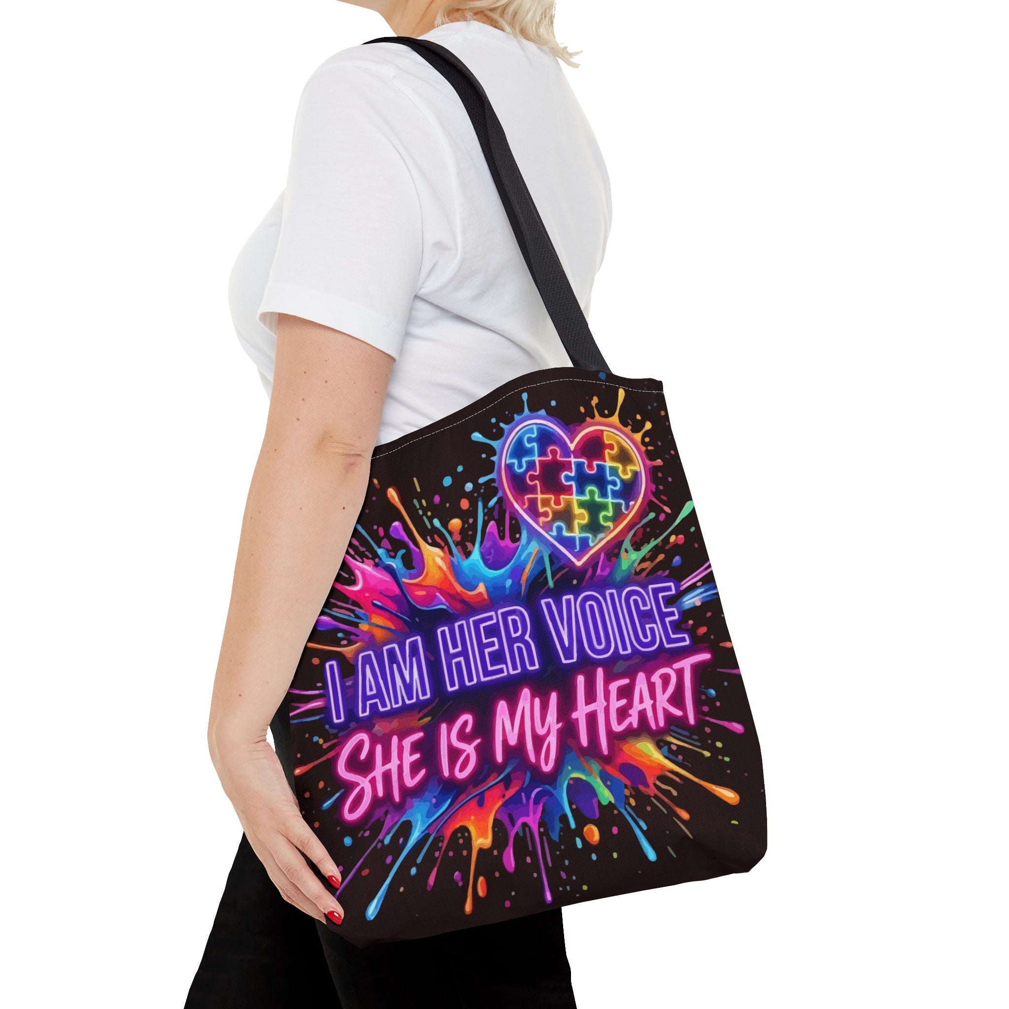 Autism Awareness Tote Bag - "I Am Her Voice, She Is My Heart" Colorful Puzzle Heart Carryall
