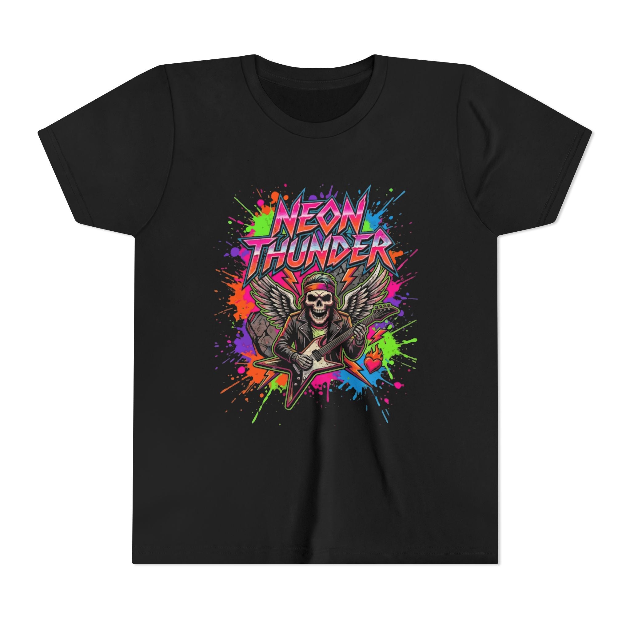 Neon Thunder Youth Tee - Colorful Skull Guitar Rock Graphic