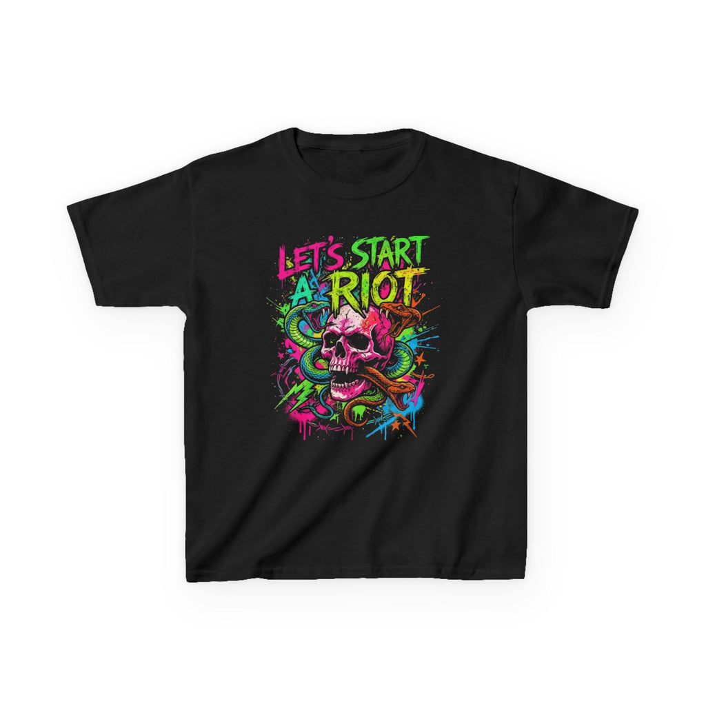 Kids T-Shirt — "Let's Start a Riot" Neon Skull Graphic Tee