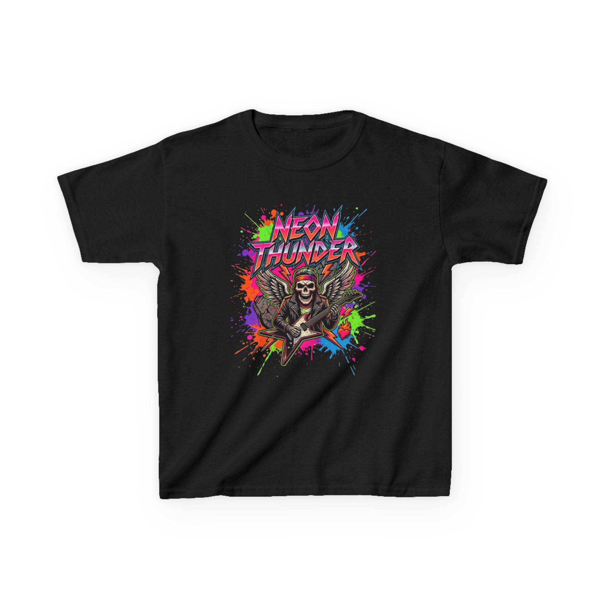 Kids T-Shirt — "Neon Thunder" Skull Guitar Graphic Tee