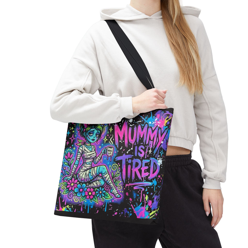 Mummy Is Tired Tote Bag — Neon Halloween Mom Canvas Shopper