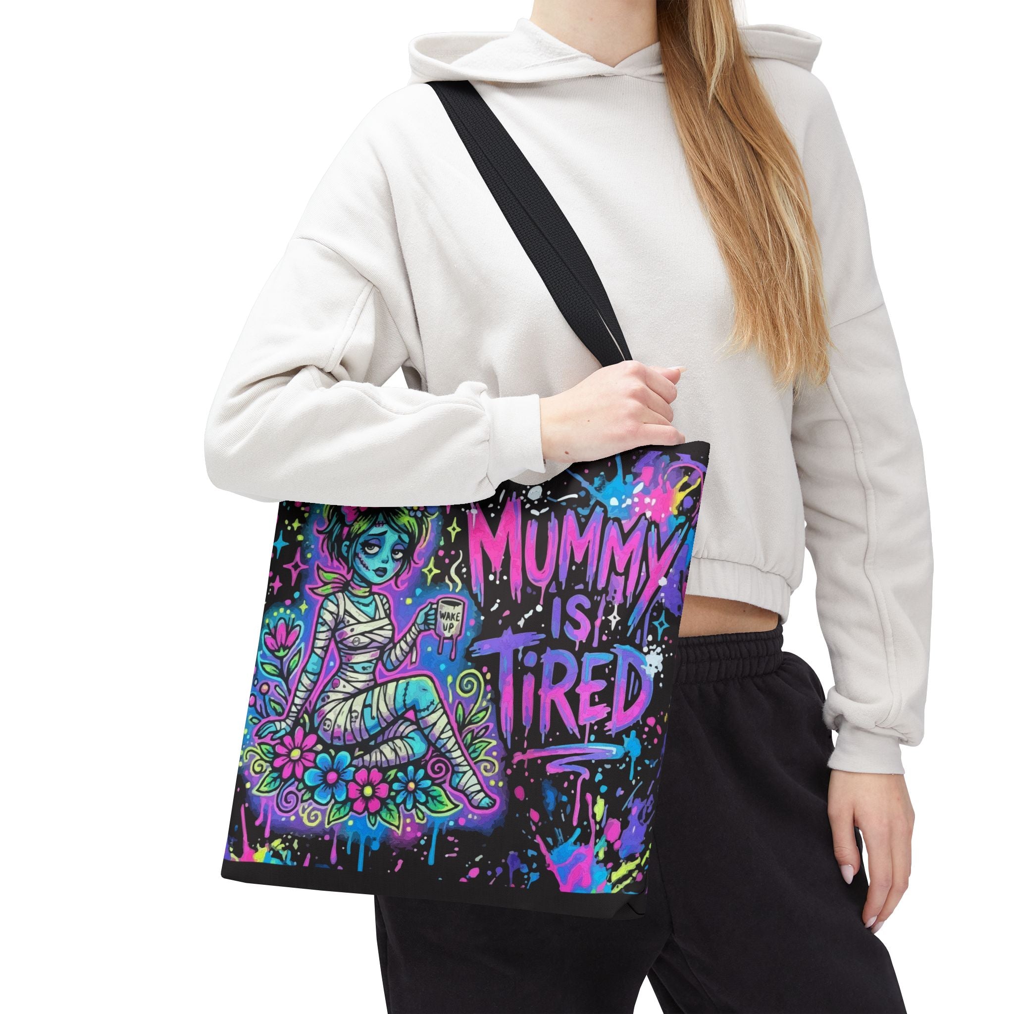 Mummy Is Tired Tote Bag — Neon Halloween Mom Canvas Shopper