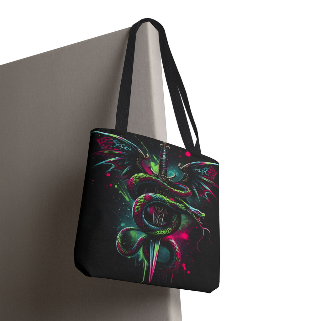 Dragon Dagger Tote Bag — Neon Gothic Snake & Wings All-Over Print
