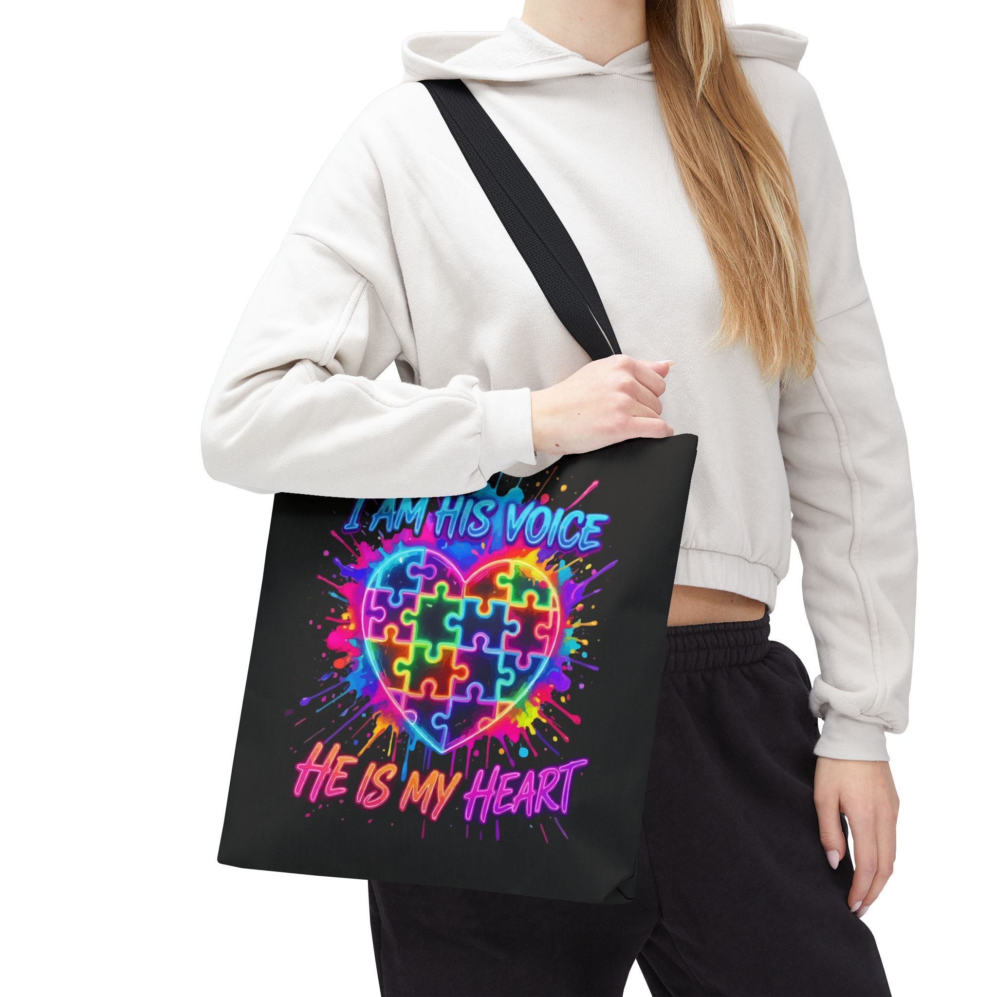 Autism Awareness Tote Bag — "I Am His Voice, He Is My Heart" Colorful Puzzle Heart