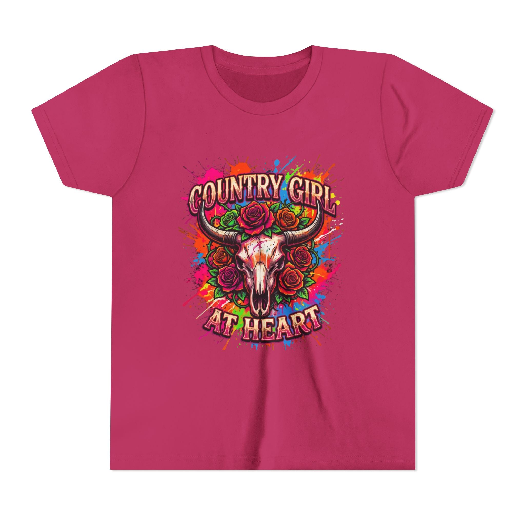 Youth Tee - "Country Girl at Heart" Colorful Bull Skull Graphic