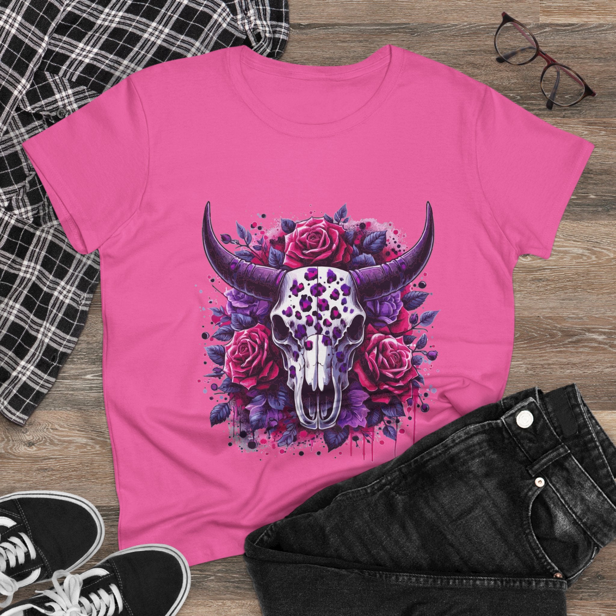 Bull Skull Rose Graphic Tee — Floral Western Women's T-Shirt