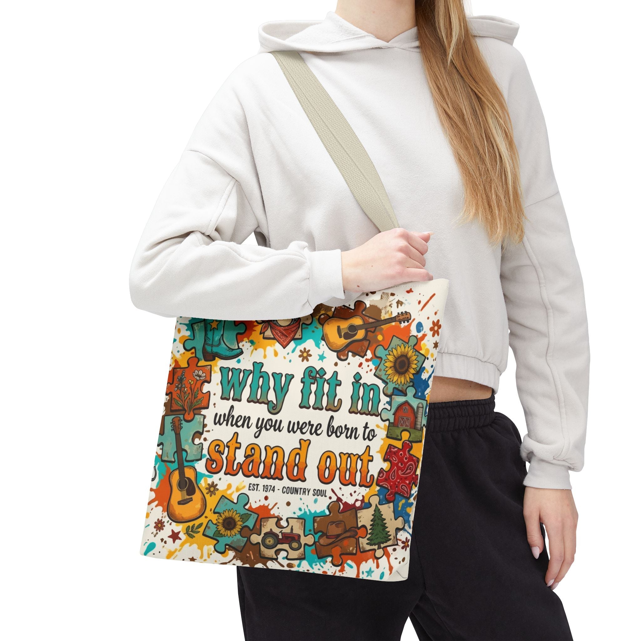 Stand Out Tote Bag — "Why Fit In When You Were Born to Stand Out" Colorful Boho Guitar Design