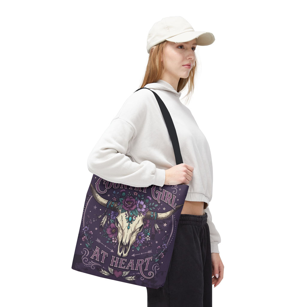 Country Girl at Heart Tote Bag — Floral Bull Skull All-Over Print