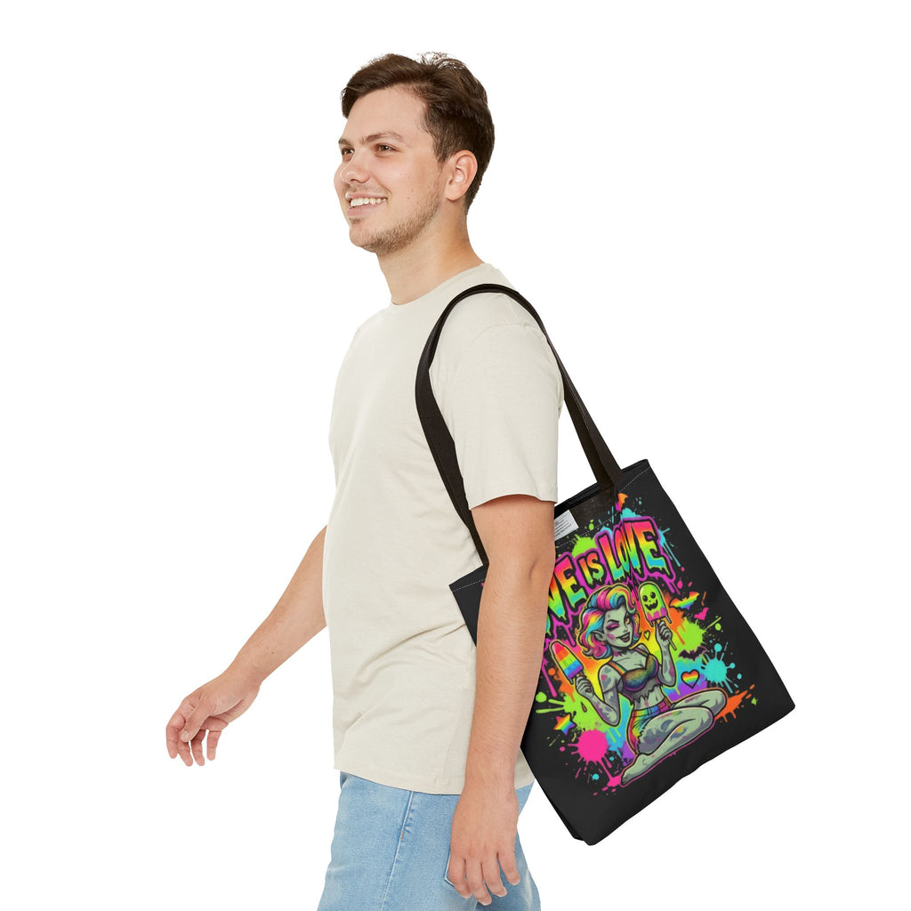 Love Is Love Neon Pride Tote Bag — Colorful Retro Pin-Up LGBTQ+ Canvas Tote