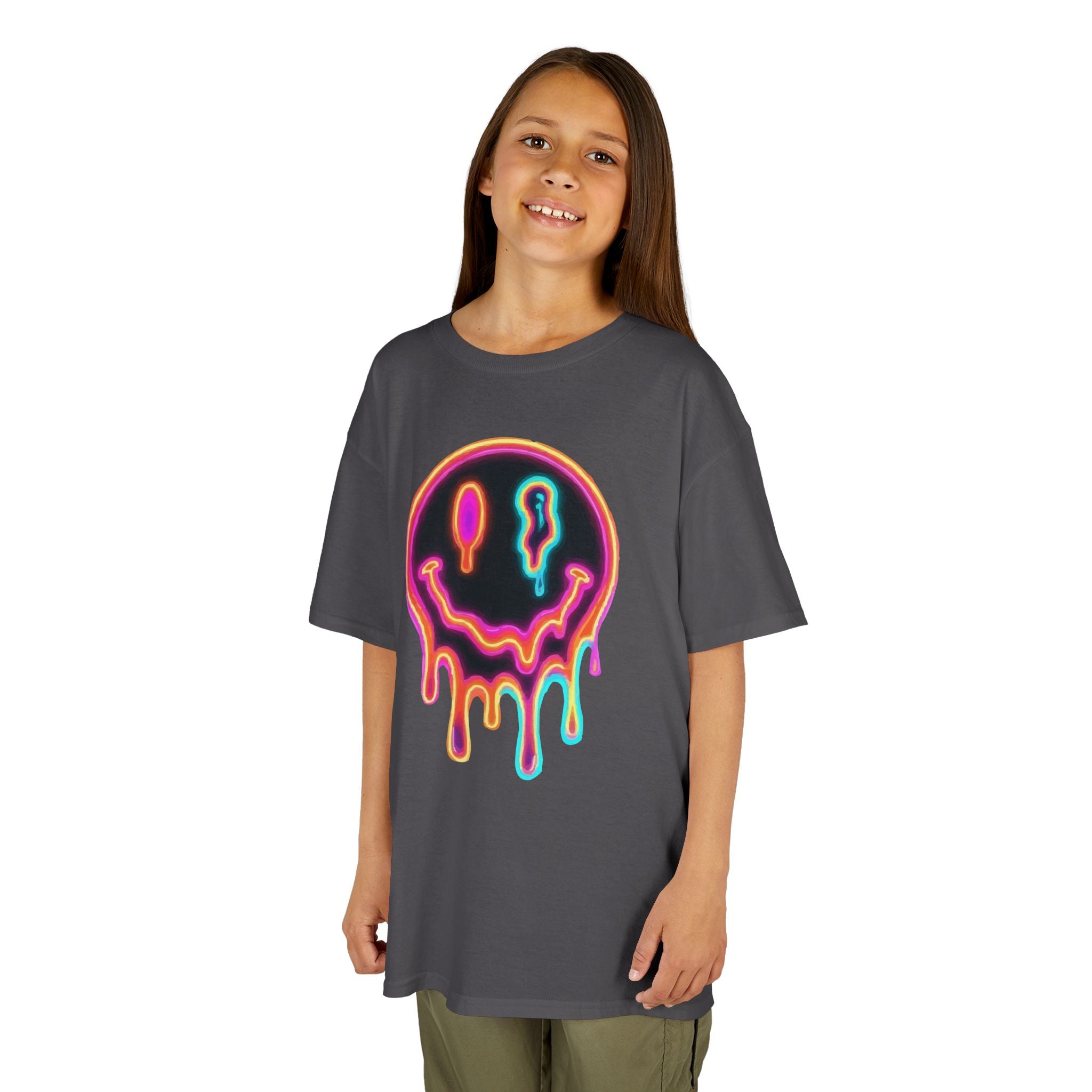 Kids Neon Drip Smiley T-Shirt — Colorful Melting Emoji Tee for Boys & Girls