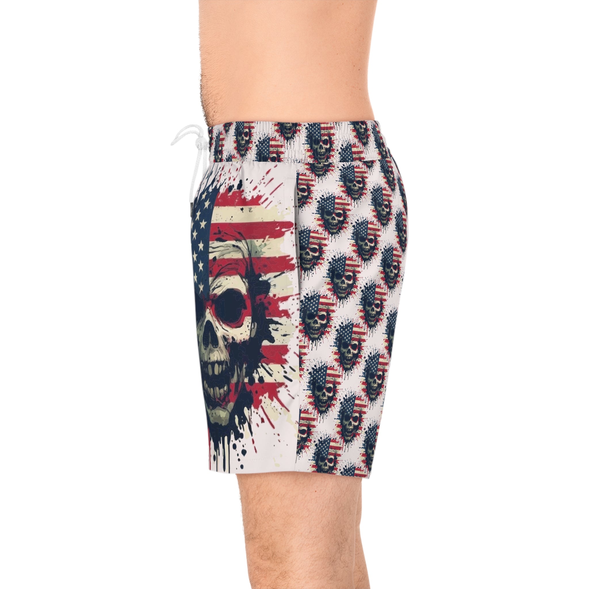 American Flag Skull Swim Shorts — Patriotic Gothic Men's Mid-Length Boardshorts