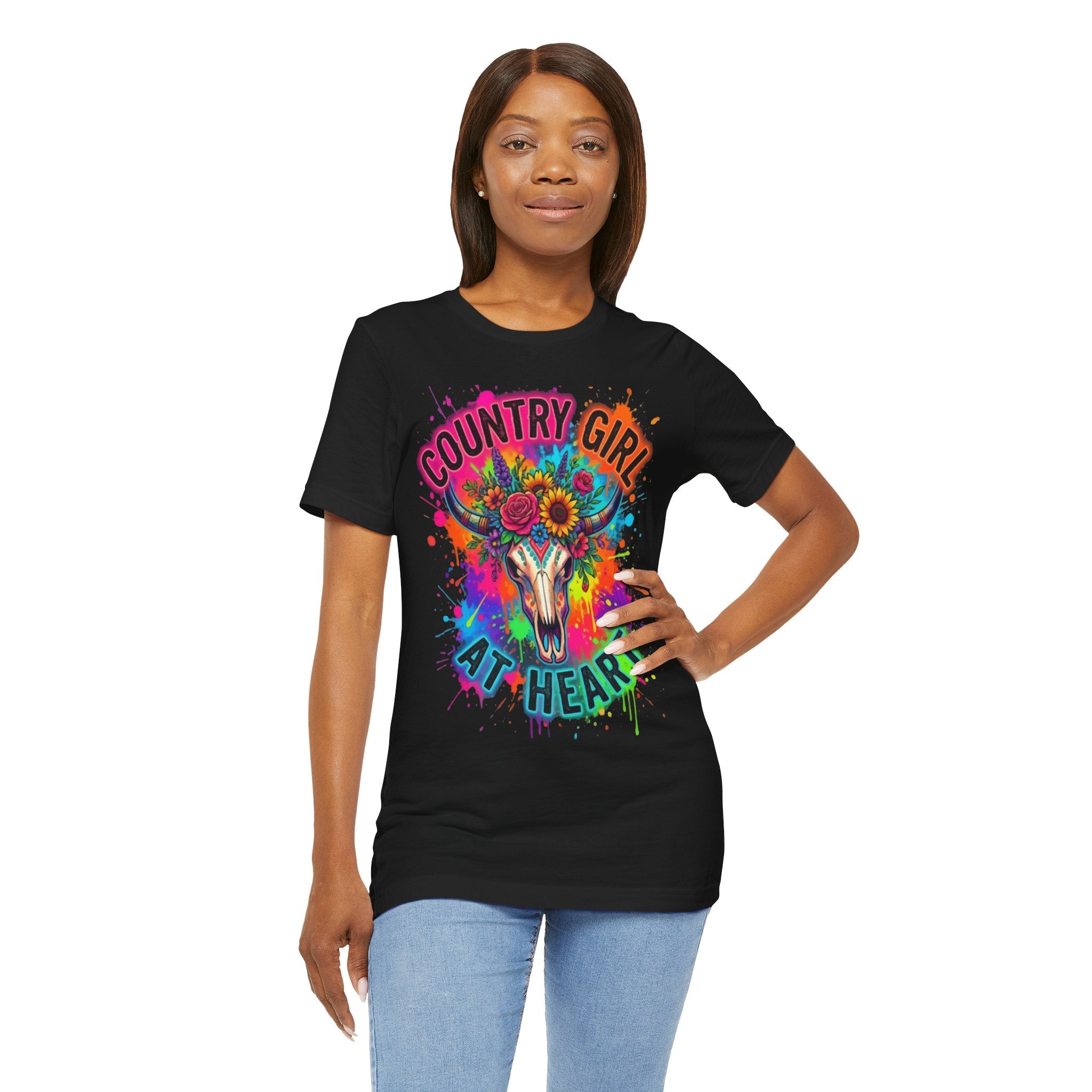 Country Girl At Heart Graphic Tee — Floral Cow Skull Colorful Western T-Shirt
