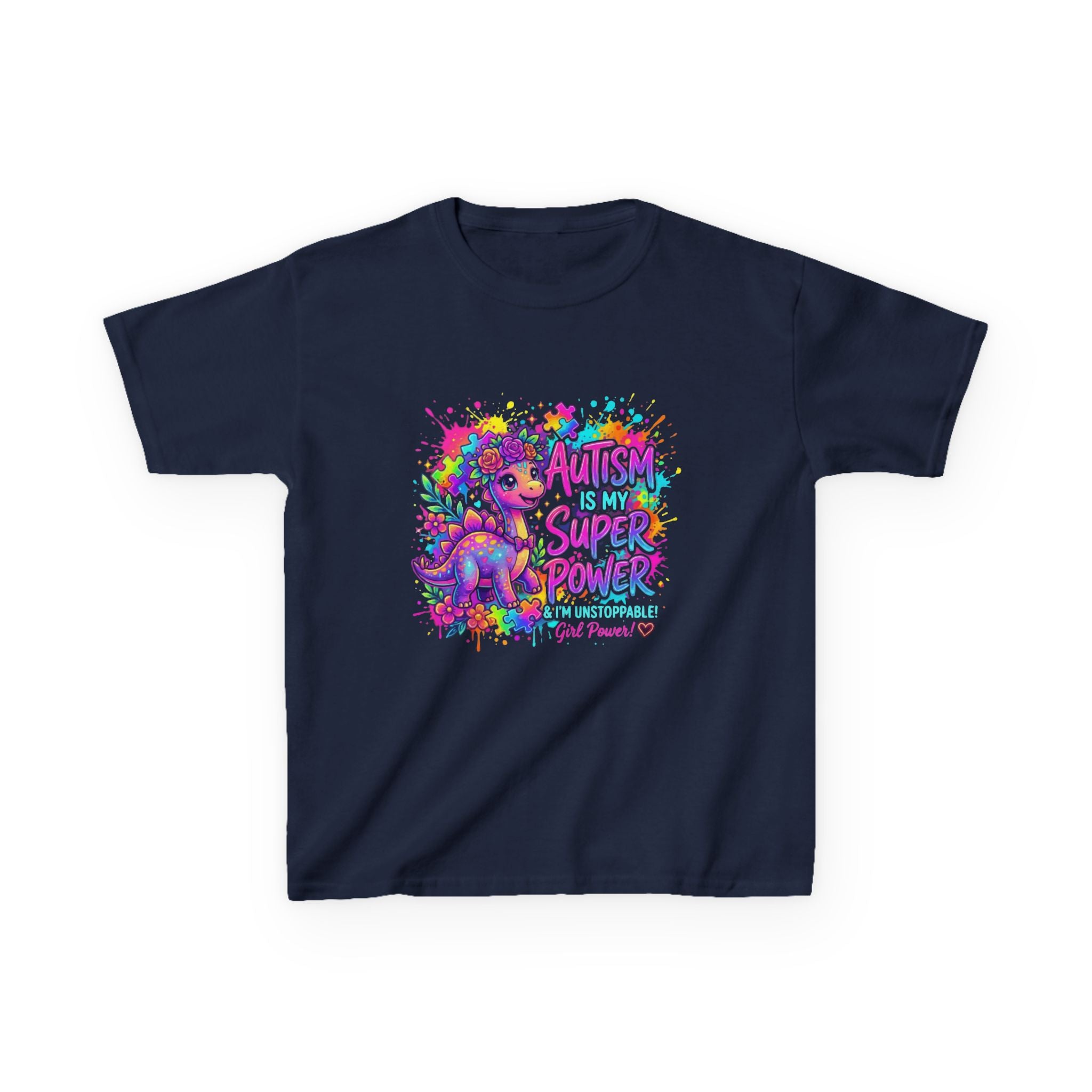 Kids Tee — "Autism Is My Superpower" Colorful Dino Autism Awareness Shirt