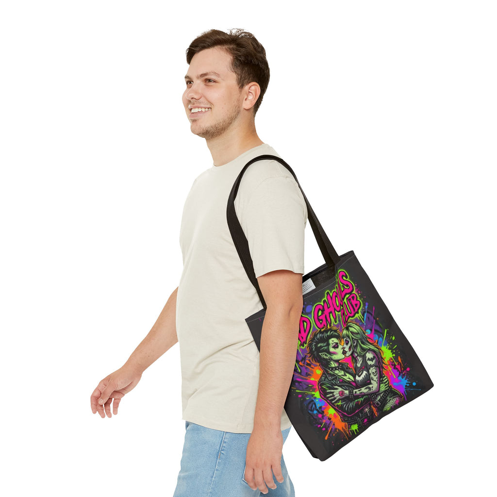 Bad Ghouls Club Tote Bag — Neon Goth Zombie Couple Graphic Tote