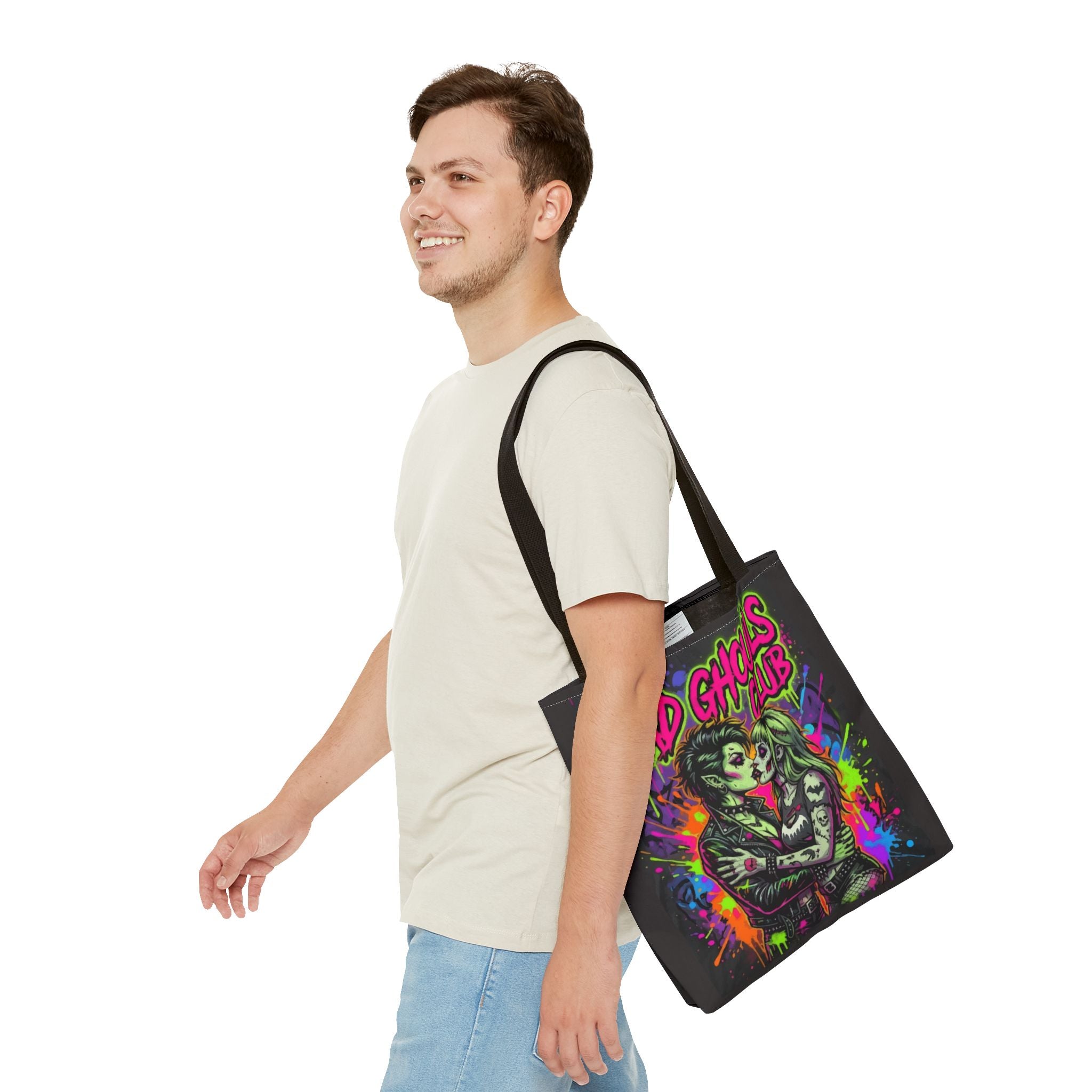 Bad Ghouls Club Tote Bag — Neon Goth Zombie Couple Graphic Tote