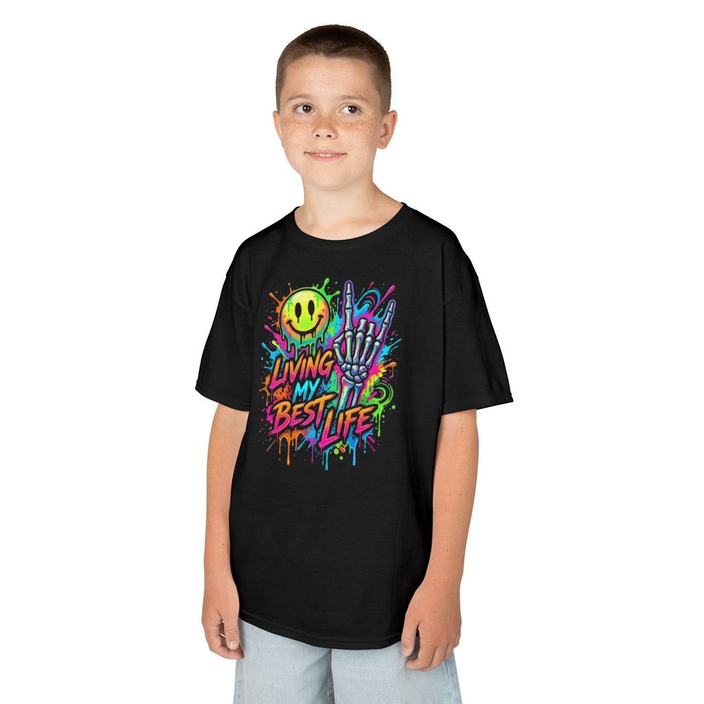 Kids T-Shirt — Neon Graffiti “Living My Best Life” Smiley Skate Tee