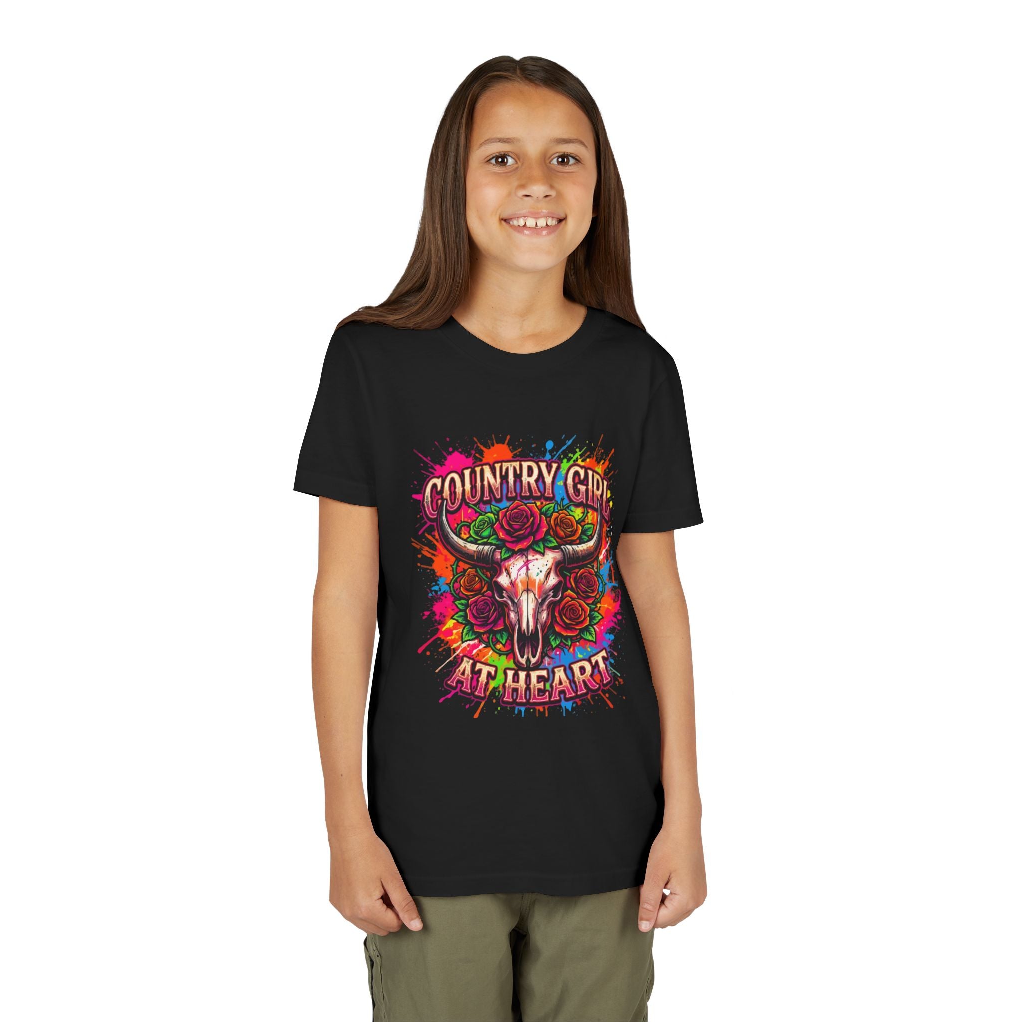 Youth Tee - "Country Girl at Heart" Colorful Bull Skull Graphic