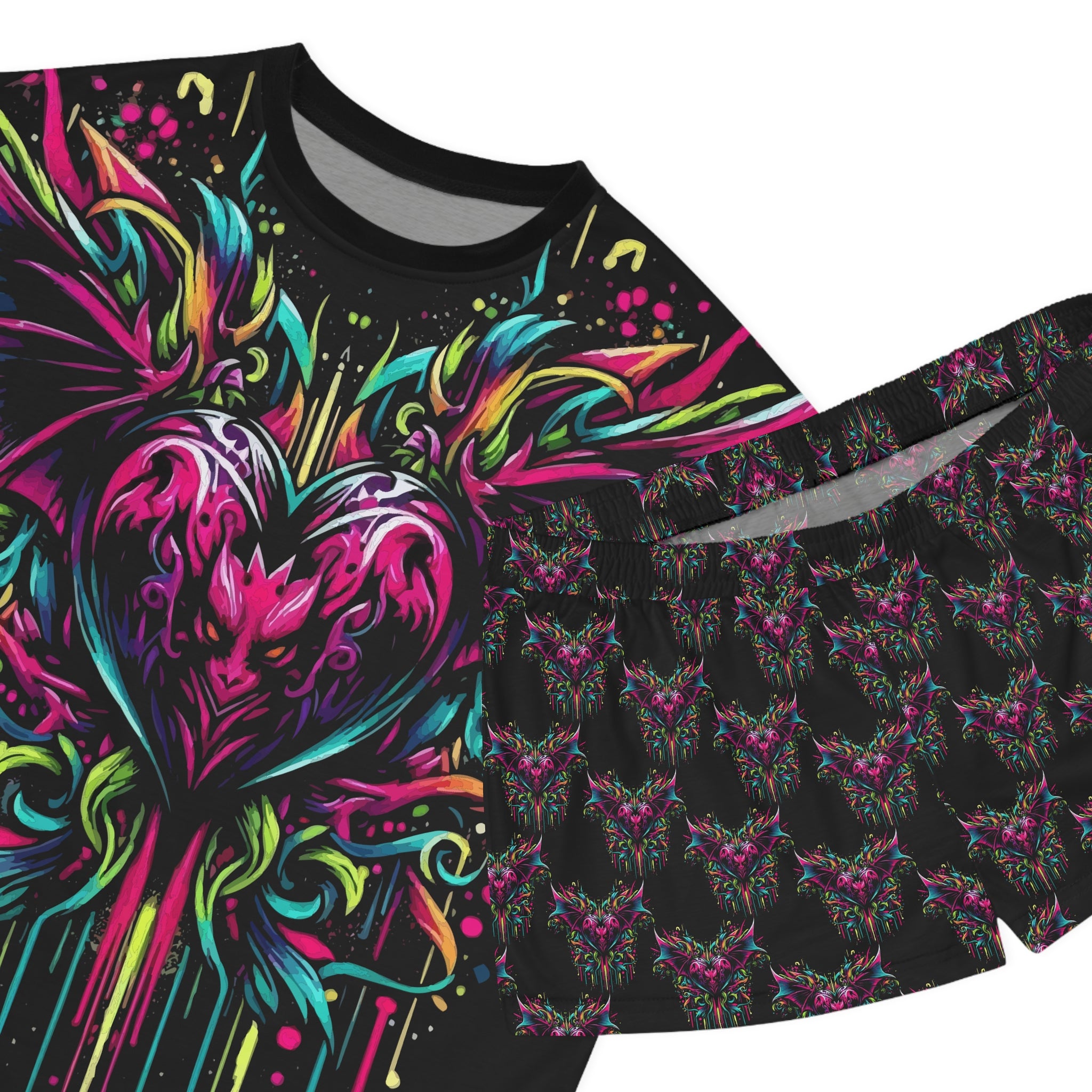 Women's Neon Bat Heart Pajama Set — Gothic Floral Sleep Shorts & Top