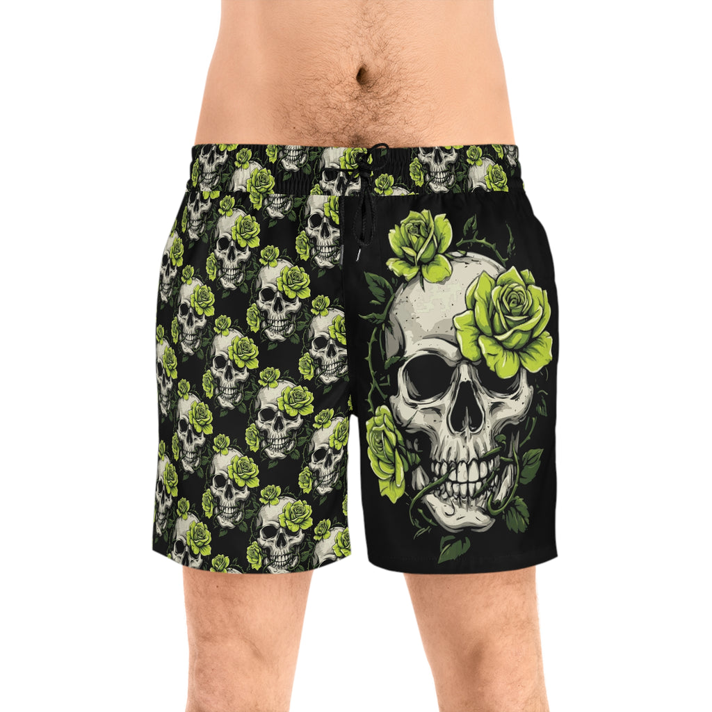 Skull & Lime Rose Swim Shorts — Men's Mid-Length Beach Trunks