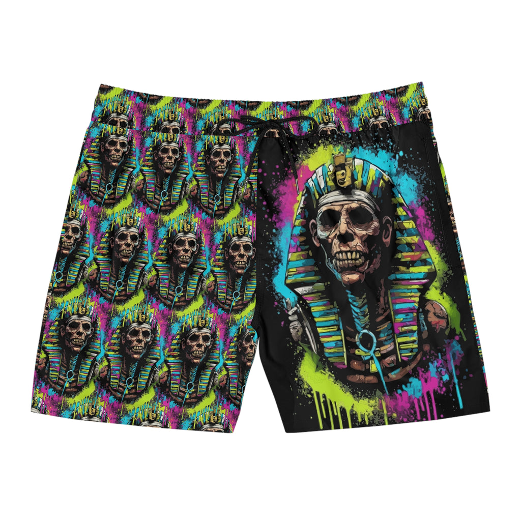 Neon Pharaoh Skull Swim Shorts - Men’s Mid-Length Beach Trunks