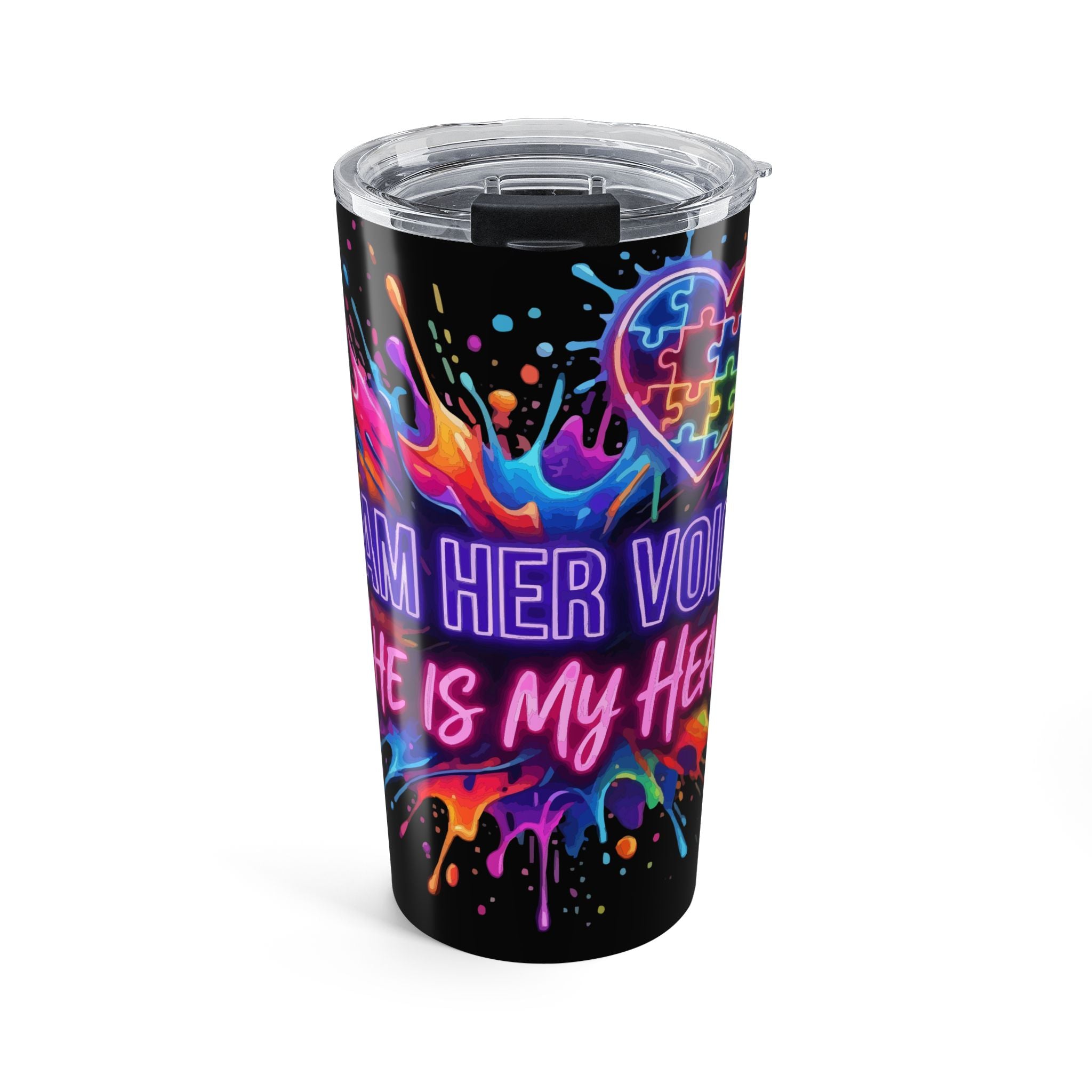 20oz Autism Awareness Tumbler — "Autism Her Voice, She Is My Heart" Neon Puzzle Splash