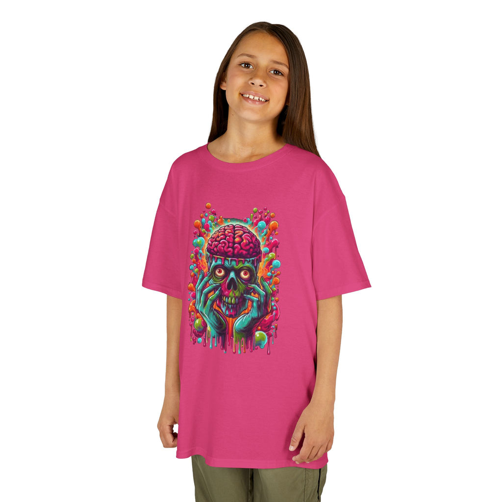 Kids Tee — Neon Brain Monster Graphic T-Shirt (Glow Horror Skate Punk)