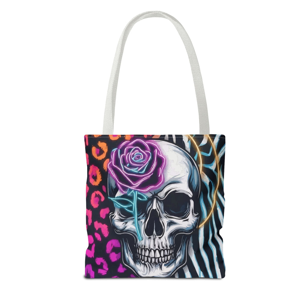 Skull & Rose Pattern Tote Bag — Neon Animal Print All-Over Tote