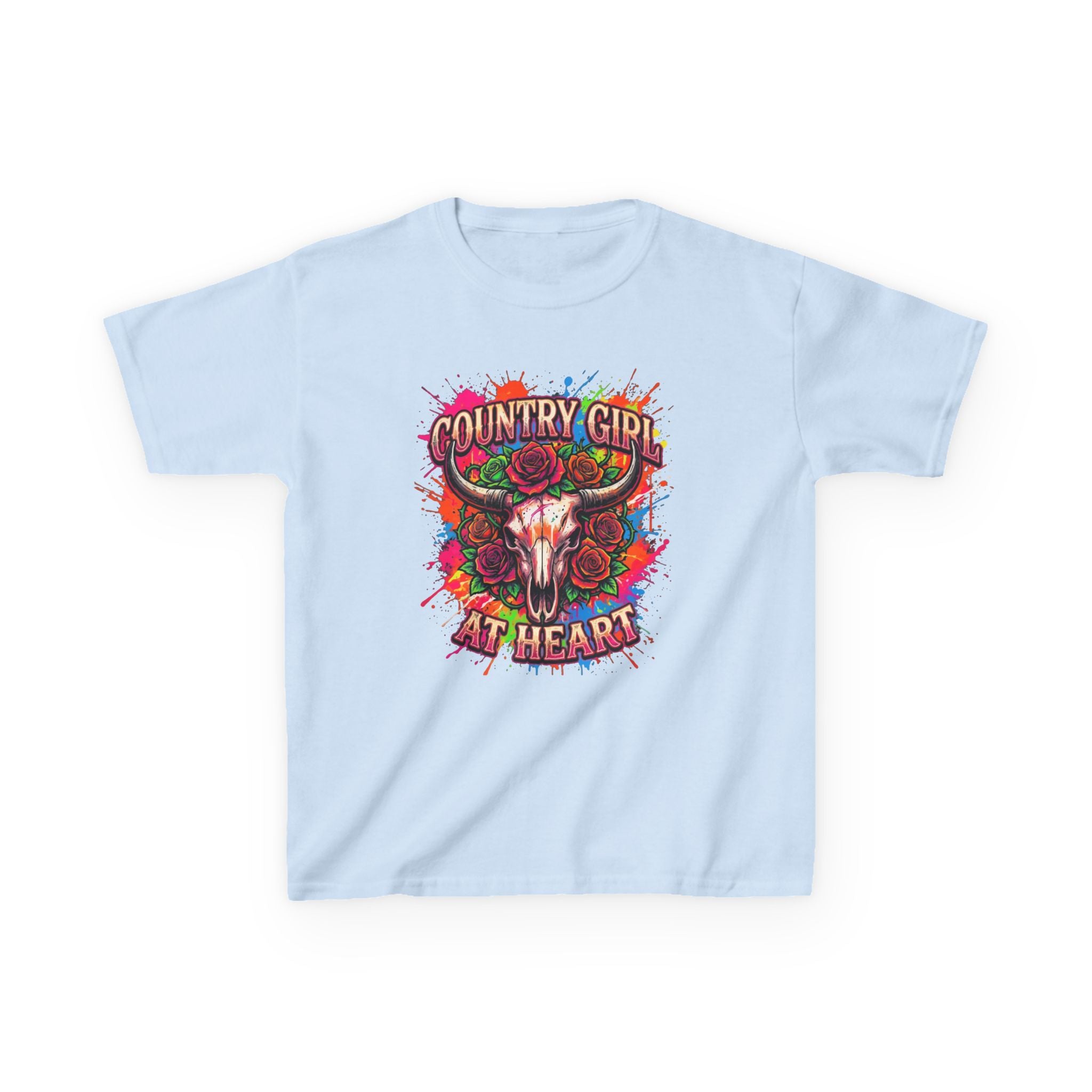 Kids T-Shirt — "Country Girl at Heart" Colorful Cow Skull Tee