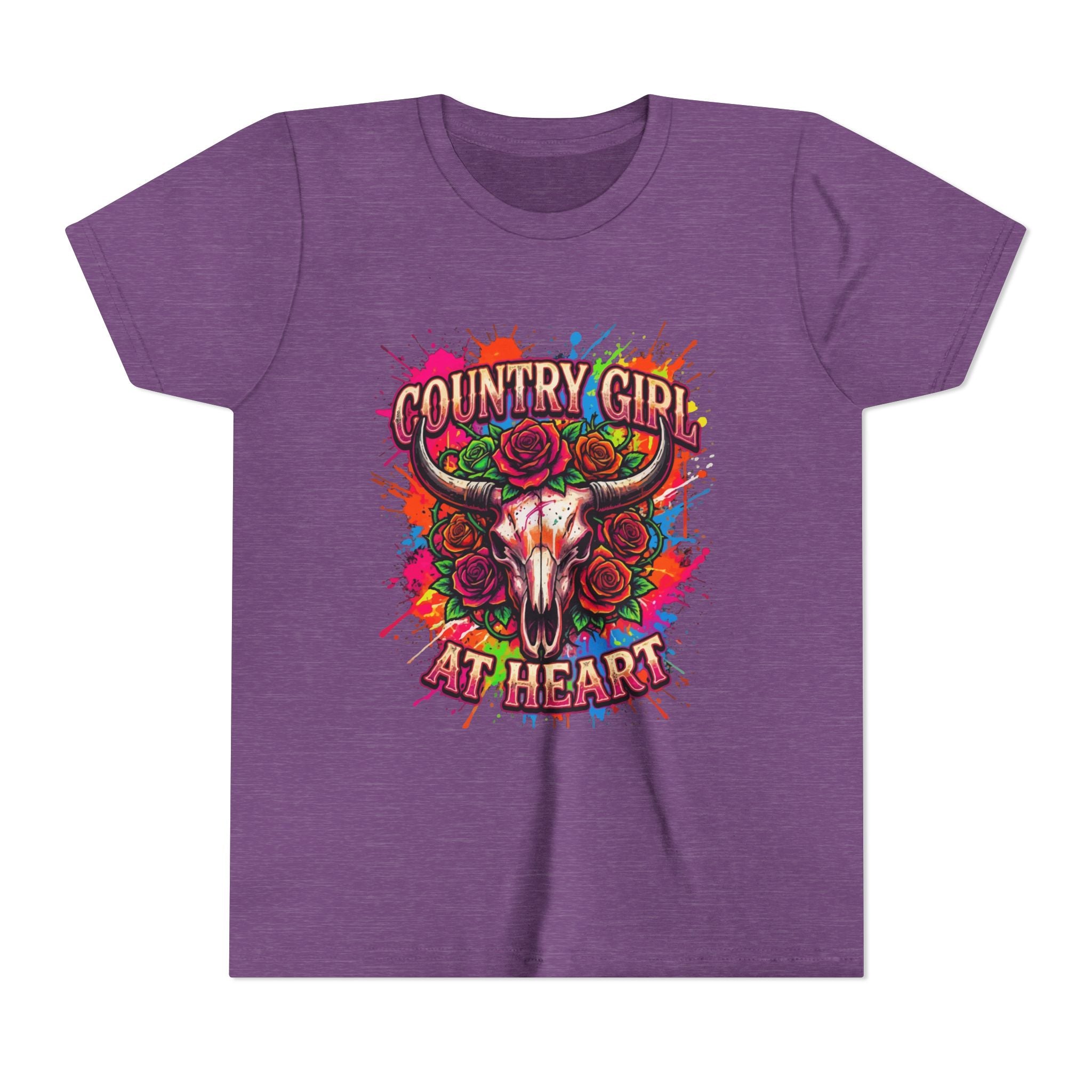 Youth Tee - "Country Girl at Heart" Colorful Bull Skull Graphic