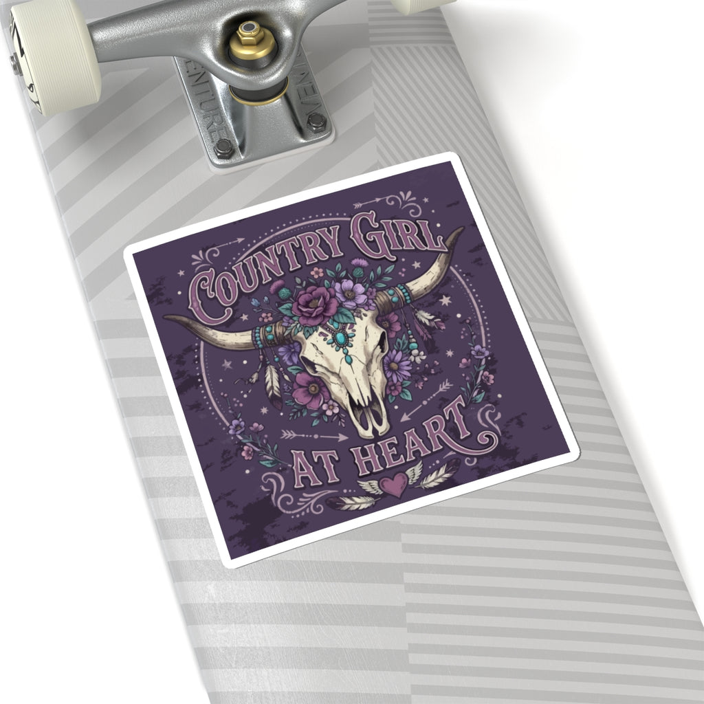 Country Girl At Heart Sticker — Floral Bull Skull Kiss-Cut Sticker
