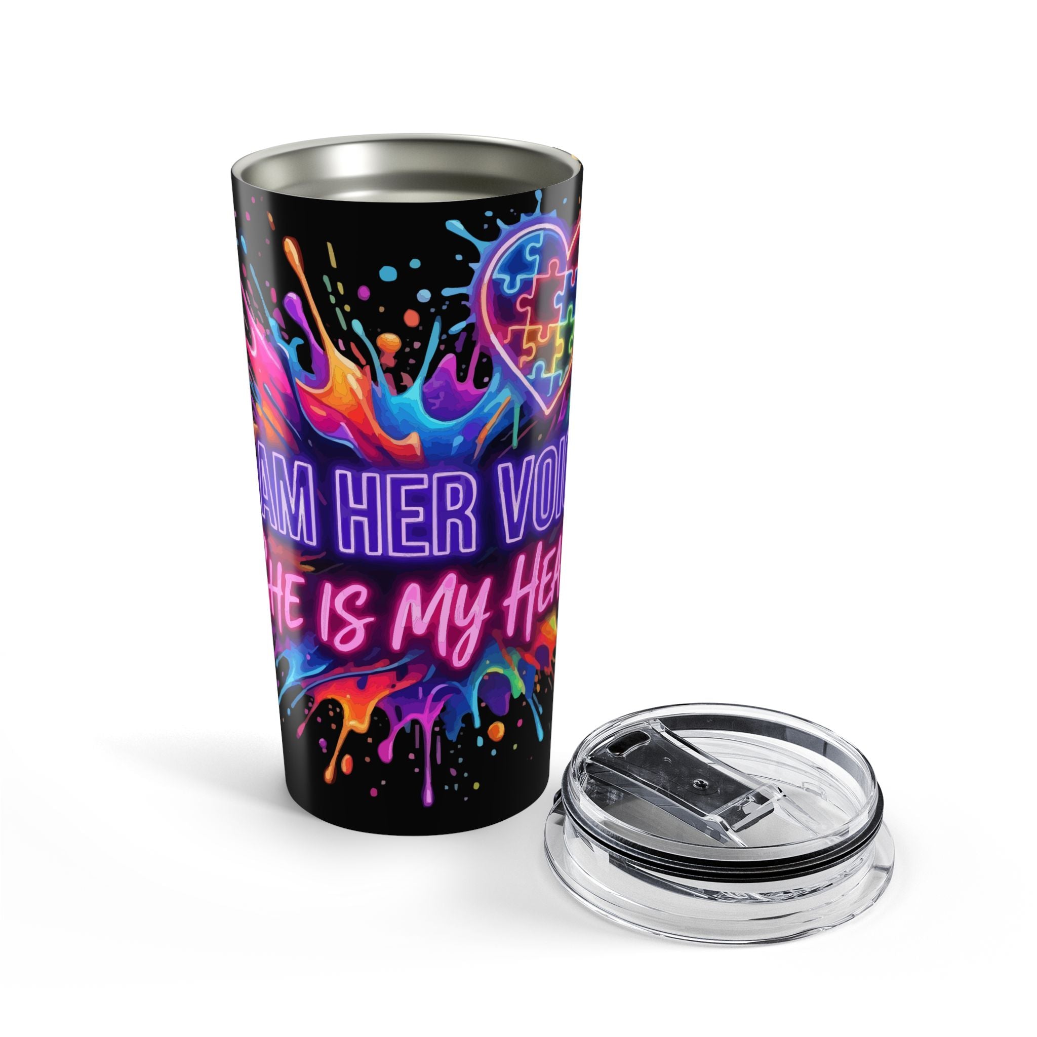 20oz Autism Awareness Tumbler — "Autism Her Voice, She Is My Heart" Neon Puzzle Splash