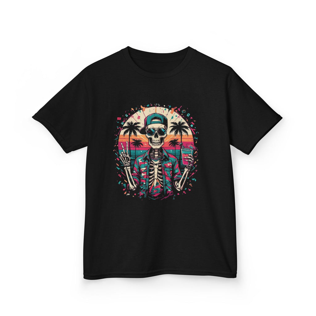 Kids Tee — Retro Beach Skeleton Graphic (Skull, Palm Trees, Sunset)