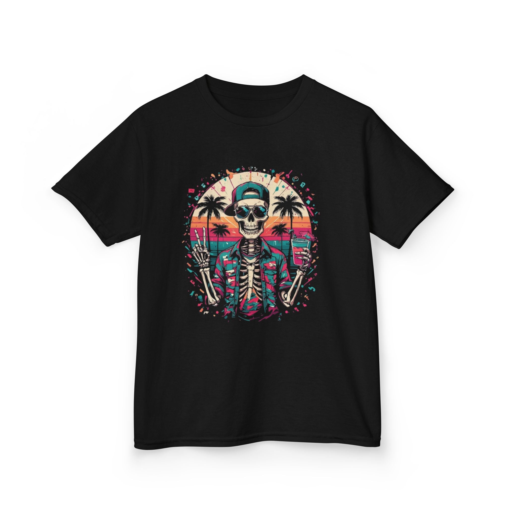 Kids Tee — Retro Beach Skeleton Graphic (Skull, Palm Trees, Sunset)