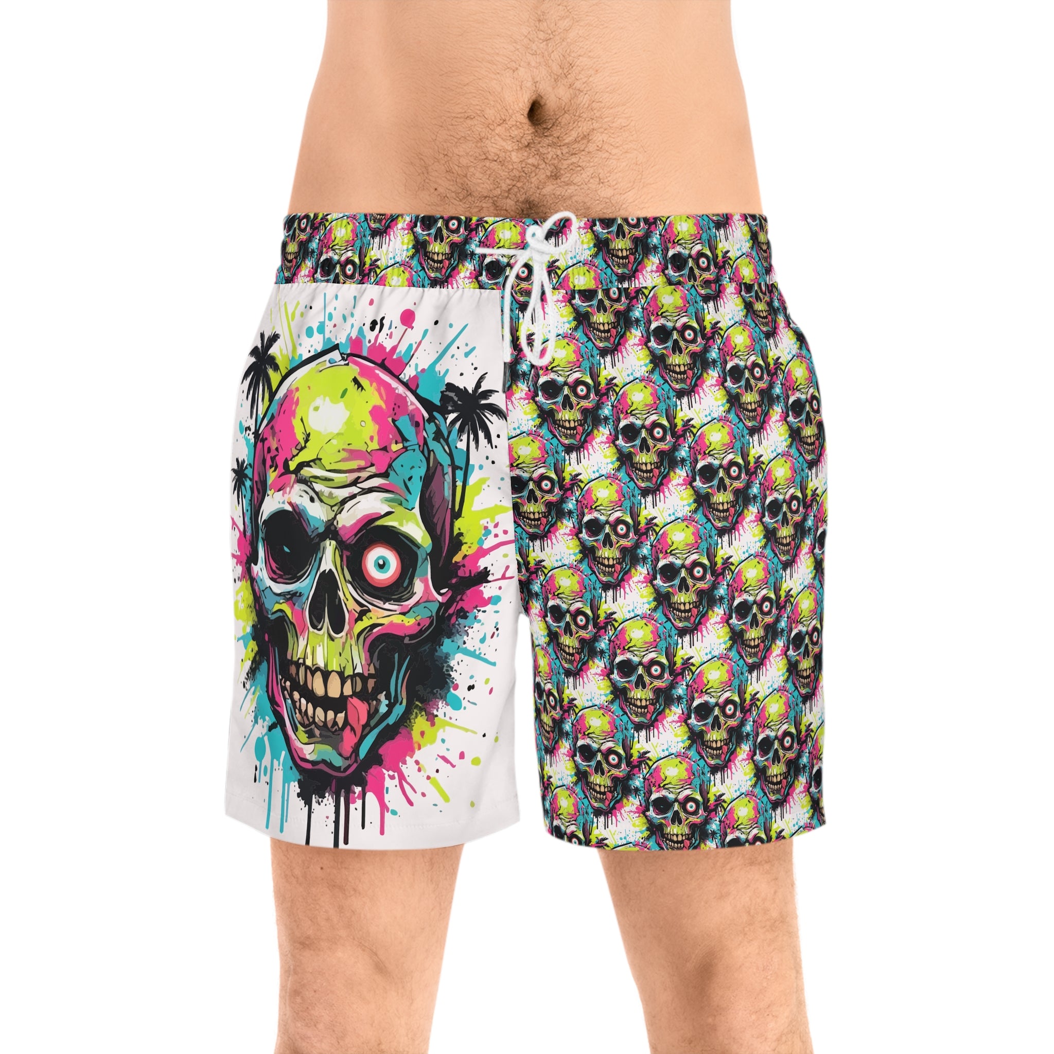 Neon Skull Swim Shorts — Men's Vibrant Skull Pattern Mid-Length Boardshorts
